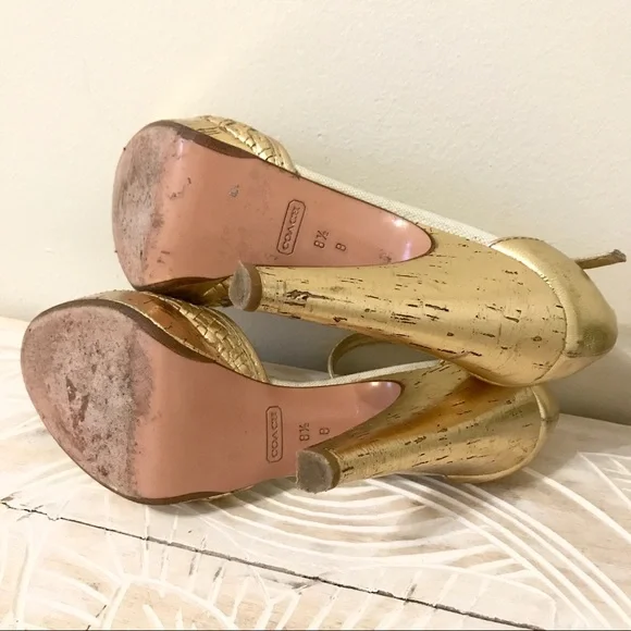 Coach Dianah Metallic Gold Cork Strap Pumps Heels - Picture 5 of 8